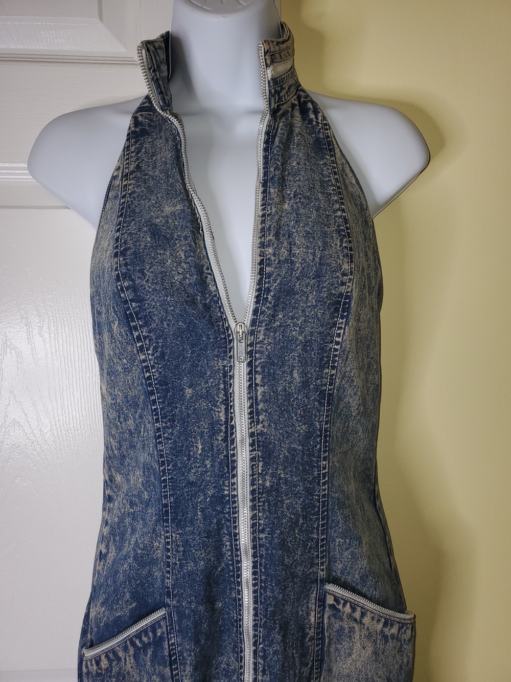 Vintage 90s JouJou Acid Wash Denim Halter Zip Front Dress Made in USA